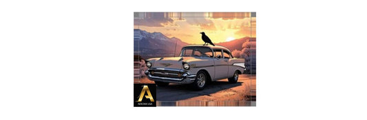 White 1957 Chevy, sunset, Raven sitting on top